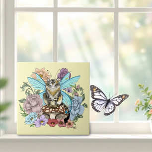 Skurrile Pastell-Tabby-Fee-Katze Blumen-Fantasie  Fliese