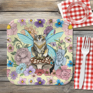 Skurrile Pastell-Tabby-Fee-Katze Blumen-Fantasie Pappteller