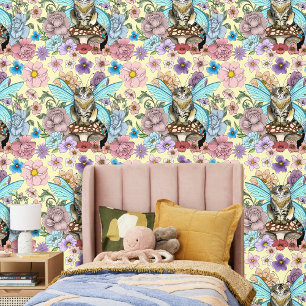 Skurrile Pastell-Tabby-Fee-Katze Blumen-Fantasie Tapete
