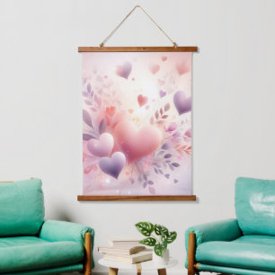 Skurrile Pastellherzen Romantische Blumenliebe Wandteppich Mit Holzrahmen