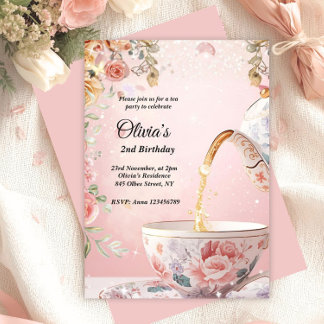 Skurrile rosa Teeparty-Blumen-Geburtstagsfeier Einladung