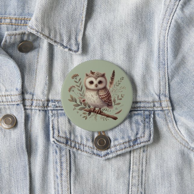 Skurrile Wald-Eulen-Botanik-Illustration Button (Beispiel)