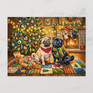 Skurrile Weihnachts-Hütte-Mops-Hunde-Illustration Postkarte