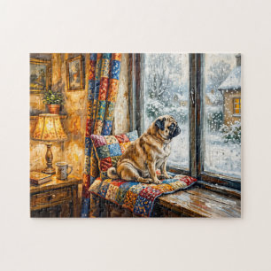 Skurrile Winter-Fensterbank-Mops-Illustration