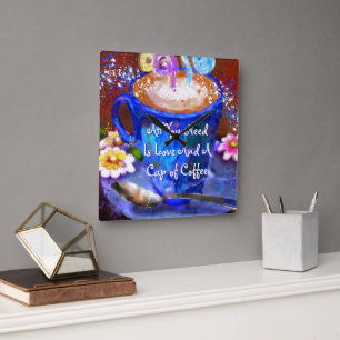 Skurriler Becher Kaffee Blumen Personalisiert Quadratische Wanduhr