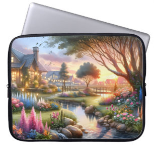 Skurriler Cottage-Garten-Sonnenuntergang Laptopschutzhülle