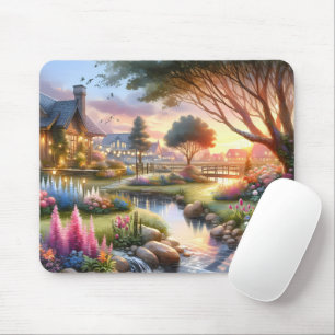 Skurriler Cottage-Garten-Sonnenuntergang Mousepad