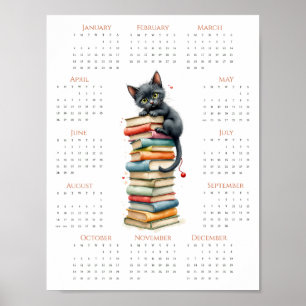 Skurriler Ein-Seiten-2026-Katze-und-Buchstapel-Kal Poster