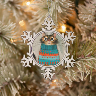 Skurriler hässlicher Weihnachtspullover-Keks-Kater Schneeflocken Zinn-Ornament