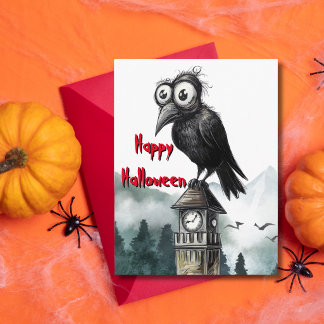 Skurriler Krähenuhrturm Lustiges Halloween Postkarte