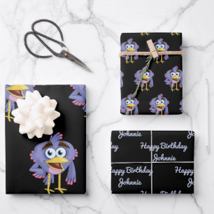 Skurriler lila Vogel Cartoon koordiniertes Geschen Geschenkpapier Set