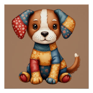 Skurriler Patchwork-Welpe-Folk-Art-Cottagecore Poster