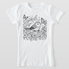 Skurriler Vogel & Schmetterling Florale Line Art T-Shirt