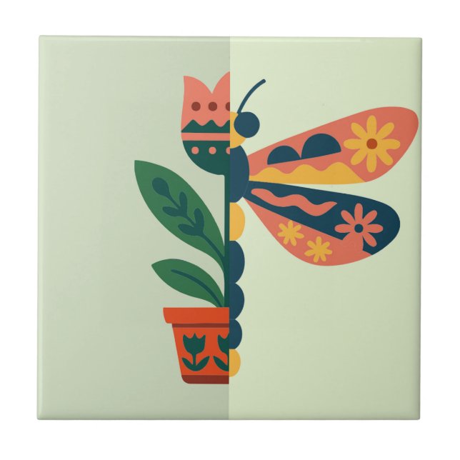 Skurriles florales Libellen-Design Fliese (Vorderseite)