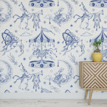 Skurriles Himmlisches Kaninchen Blau Toile de Jouy