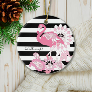 Skurriles Rosa Flamingo Schwarz-Weiß-Gestreift Keramik Ornament