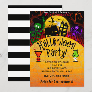 Skurriles Skelett im Spukhaus Halloween-Party Einladung