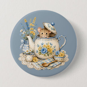 Skurriles Teekannen-Mäusehaus-Landhausstil-Blüten Button