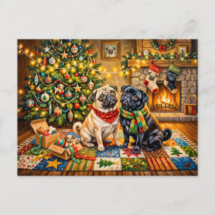 Skurriles Weihnachts-Haus-Mops-Hund-Illustration Postkarte