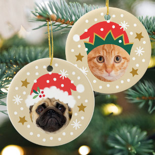 Skurriles Weihnachtsgesicht in Loch 2 Haustierfoto Keramik Ornament