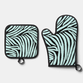 Sky Aqua Blue Black Zebra Print Ofenhandschuh & Topflappen-Set