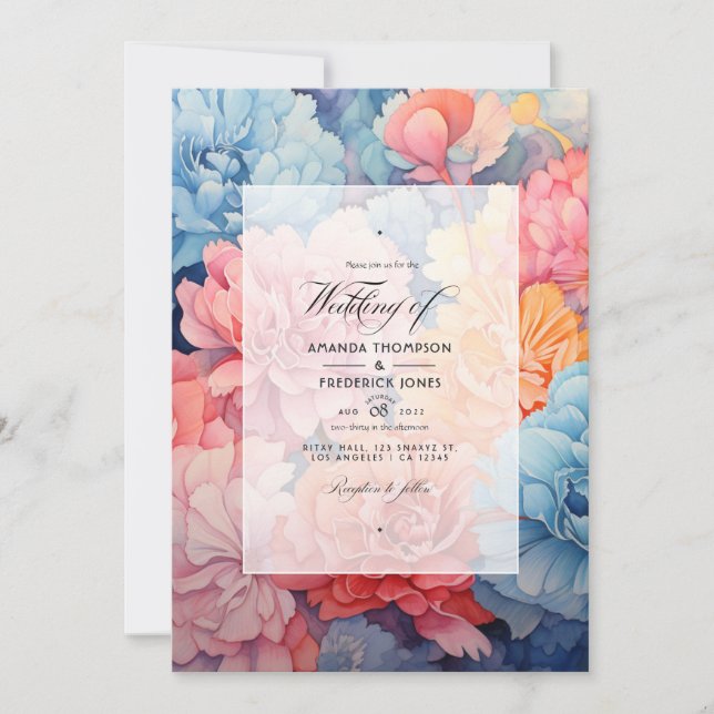 Sky Blue and Coral Floral Wedding Einladung (Vorderseite)