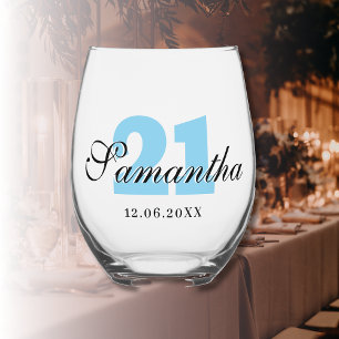 Sky Blue Birthday Number Black 3D Name Date Weinglas Ohne Stiel