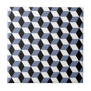 Sky Blue Black & White 3D Cubes Pattern Fliese