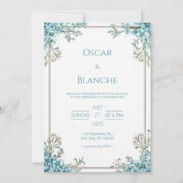 Sky Blue Blossom Elegant Gold Frame Wedding Einladung