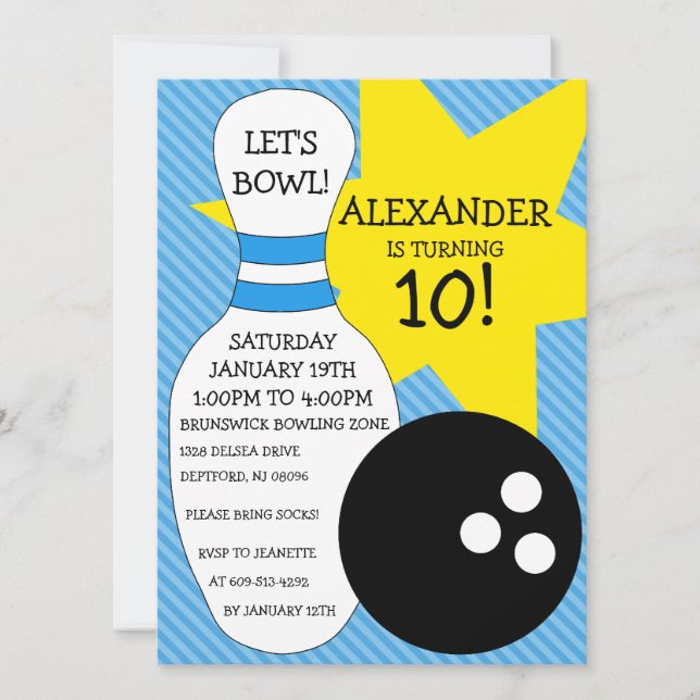 Sky Blue Bowling Bash Bowling Birthday Party Einladung (Vorderseite)