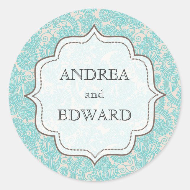 Sky Blue Bride & Groom Names Paisley Sticker Tag (Vorderseite)