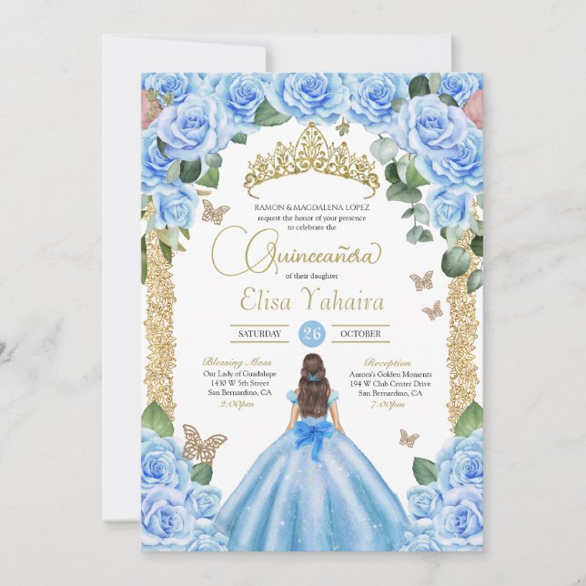 Sky Blue Butterfly Princess Dress Quinceanera Einladung (Vorderseite)