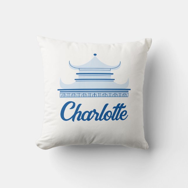 Sky Blue Chinoiserie Pagoda Individuelle Name Kissen (Vorderseite)