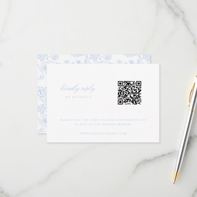 Sky Blue Chinoiserie Wedding QR Code RSVP Karte (Vorderseite/Rückseite Beispiel)