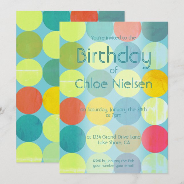 Sky Blue & Colorful Circles Einladung zum Geburtst (Vorne/Hinten)