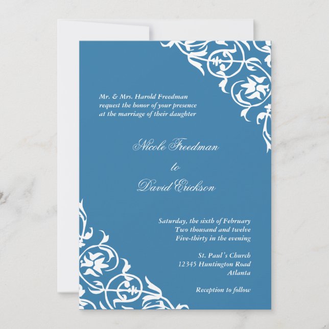 Sky Blue Corner Scroll Drehbuch Einladung (Vorderseite)