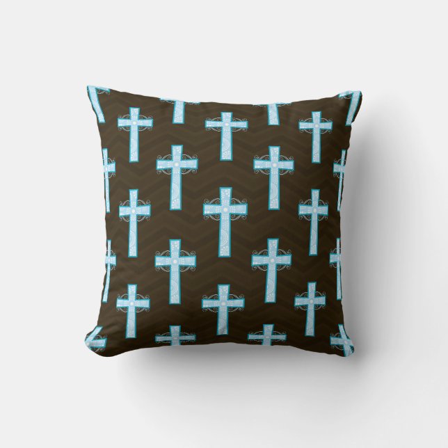 Sky Blue Cross auf Brown Zickzack Kissen (Vorderseite)