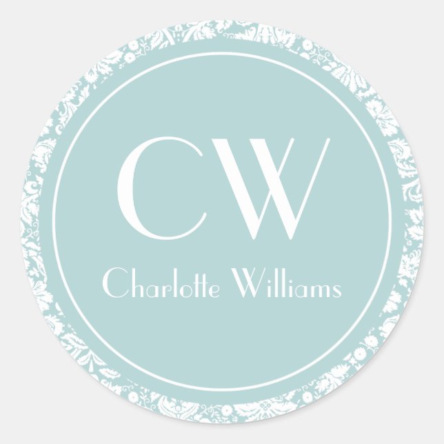Sky Blue Damask Monogram Runder Aufkleber (Vorderseite)