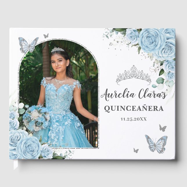 Sky Blue Floral Butterfells Quinceañera Foto Gästebuch (Vorderseite)