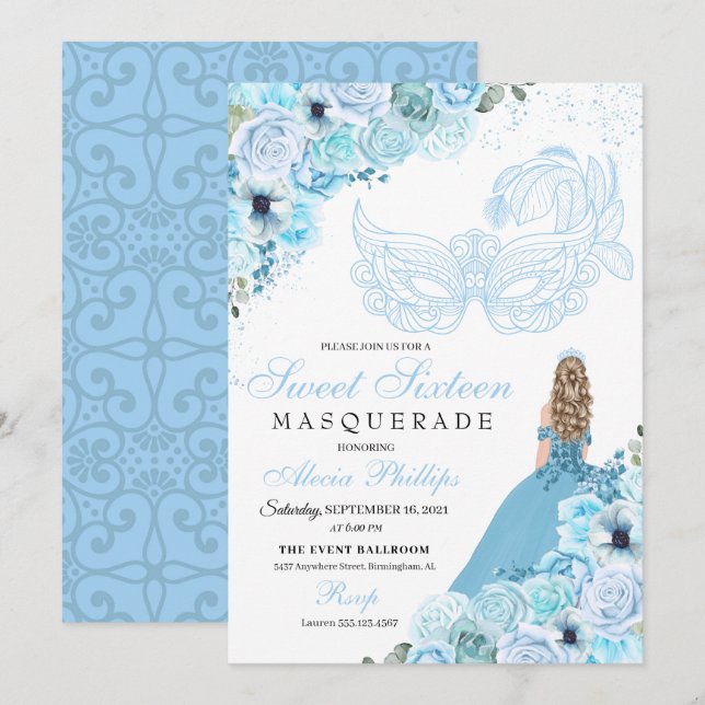 Sky Blue Floral Masquerade Sweet 16 Einladung (Vorne/Hinten)
