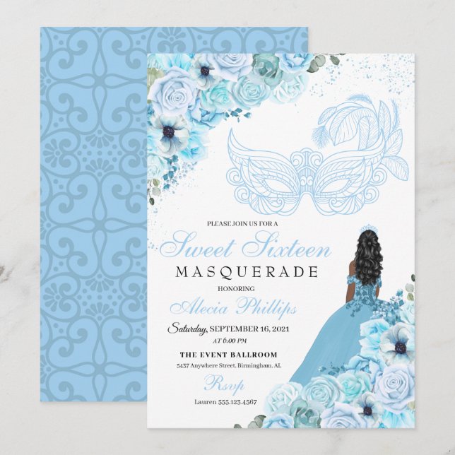 Sky Blue Floral Masquerade Sweet 16 Invitation (Devant / Derrière)