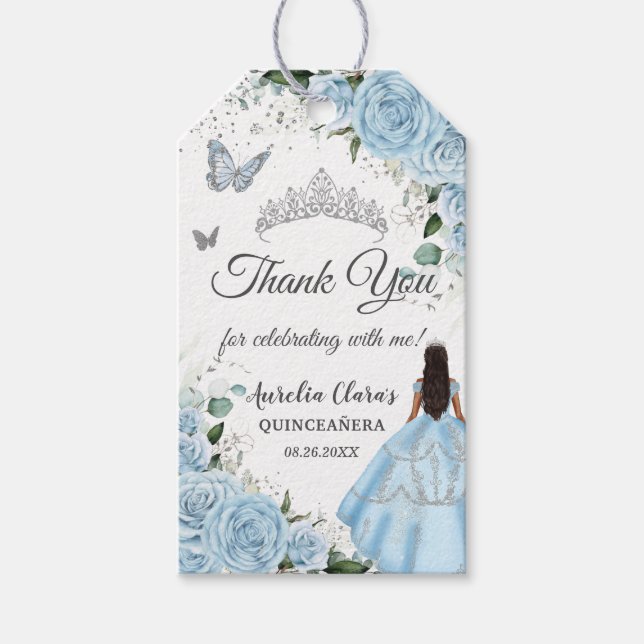 Sky Blue Floral Princess Dress Silver Quinceañera Geschenkanhänger (Vorderseite)