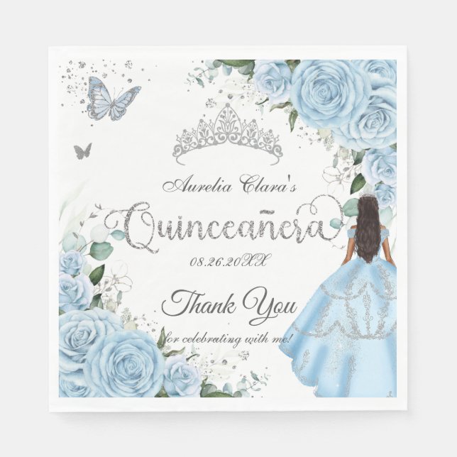 Sky Blue Floral Princess Dress Silver Quinceañera Serviette (Vorderseite)