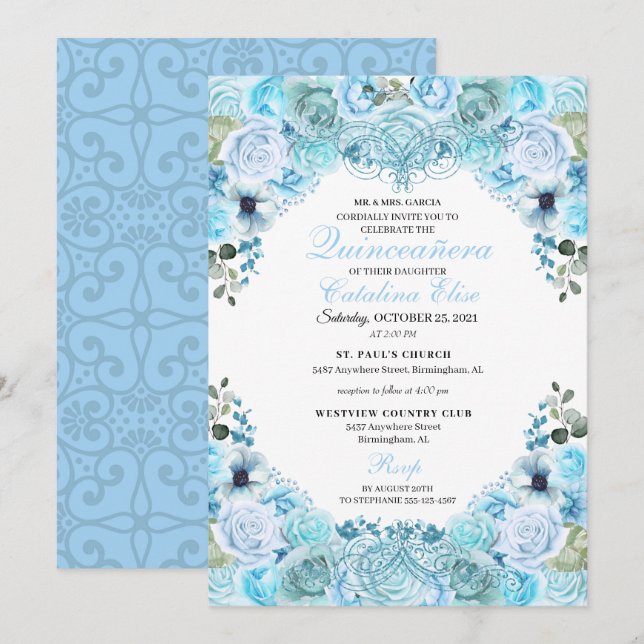 Sky Blue Floral Quinceanera Invitation Anniversair (Devant / Derrière)