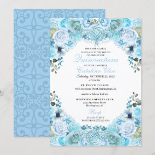 Sky Blue Floral Quinceanera Invitation Anniversair