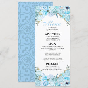 Sky Blue Floral Quinceanera Menu Invitation