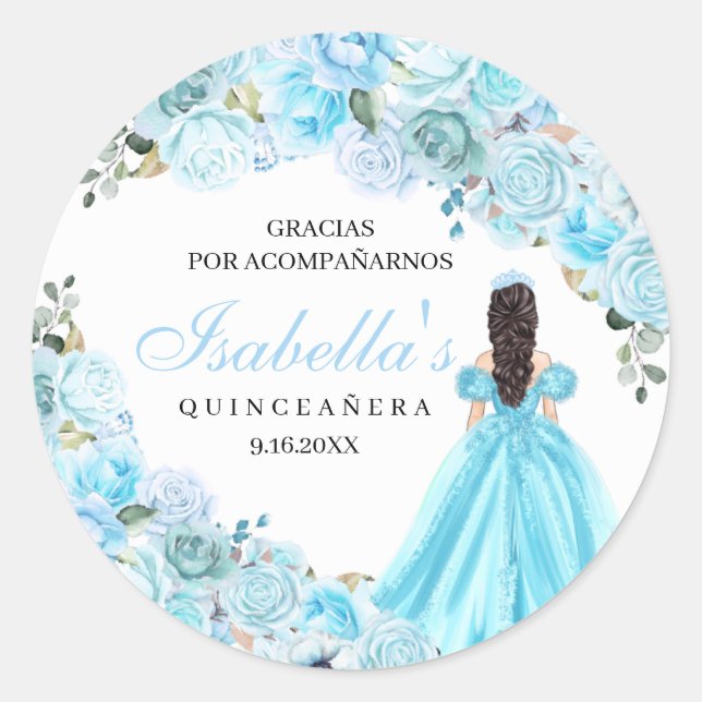 Sky Blue Floral Quinceanera Round Stickers (Vorderseite)