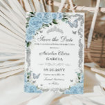 Sky Blue Floral Silver 16 . Geburtstag QUINCEAÑERA Save The Date<br><div class="desc">c) Das glückliche Cat Studio</div>