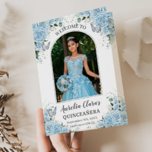 Sky Blue Floral Silver Quinceñera Orden der Ereign Programm