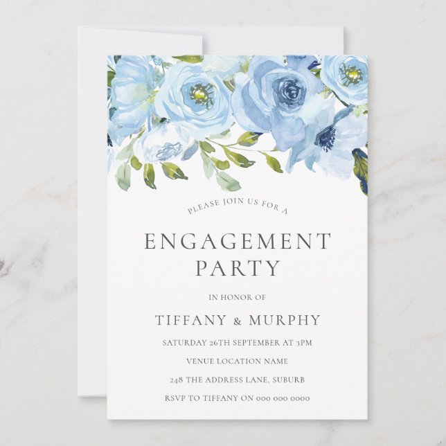 Sky Blue Flowers Watercolor Engagement Party Einladung (Vorderseite)